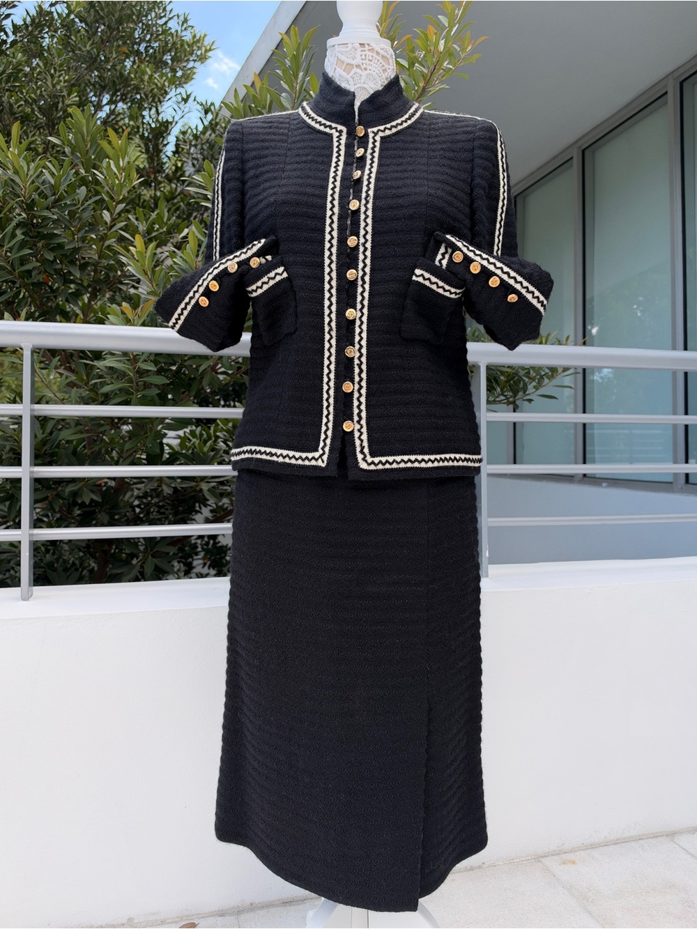 Vintage CHANEL Boutique Black Tweed Jacket & Maxi Skirt Suit Set Gold CC Buttons